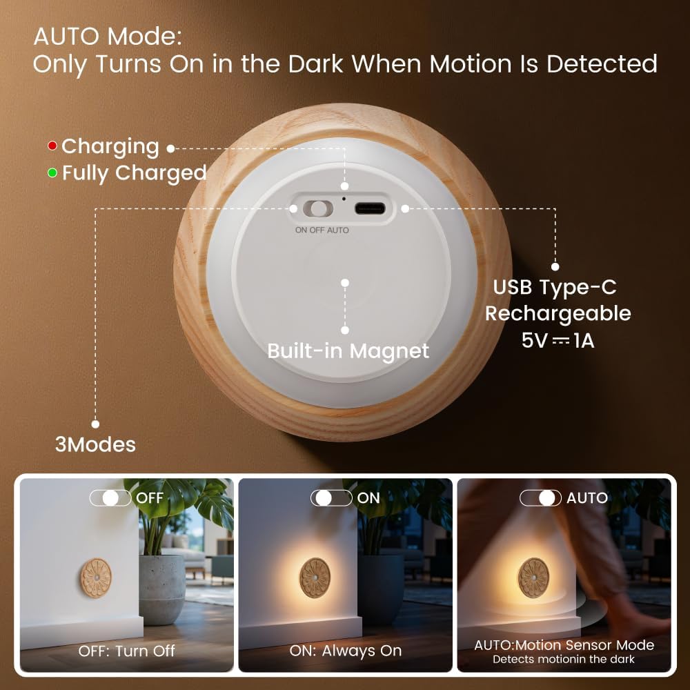 Flower Motion Sensor Night Light, Carved Wooden Flower Wall Lamp, Backlight LED Light, Rechargeable & Stick-On Magnetic Mount for Indoor Decor, Living Room, Bedroom, Stairs (Round Ash Wood *1Pack)