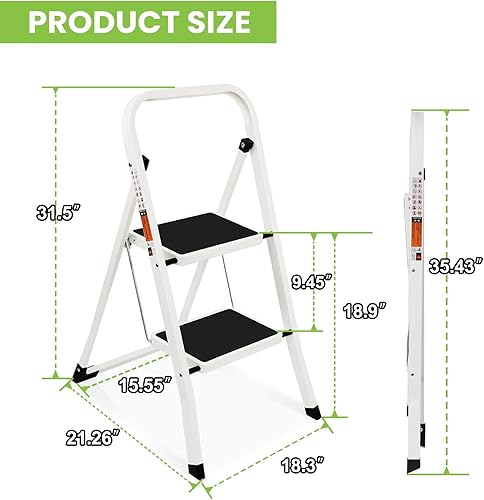 Miniatura 2 de Escalera de 2 escalones, taburete plegable con pedal antideslizante ancho, capacidad de 330 libras, escaleras ligeras portátiles para el hogar,