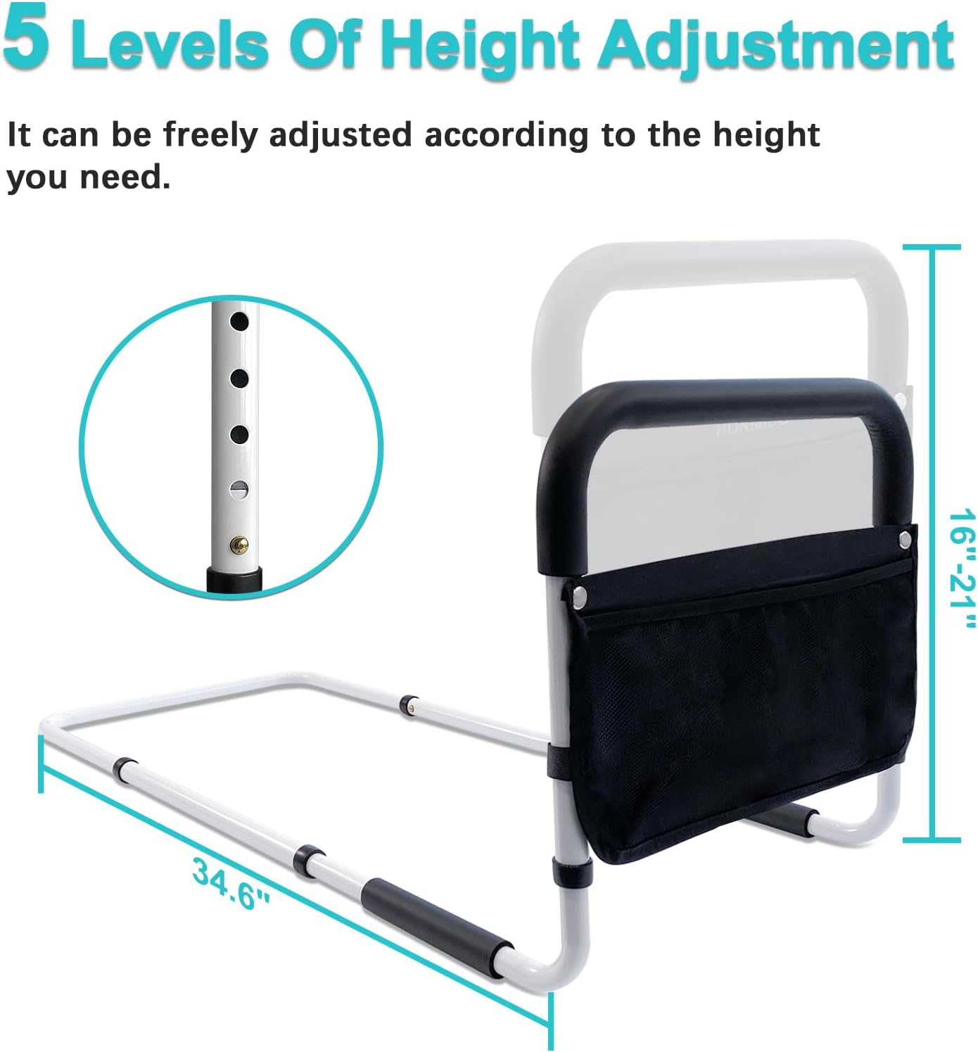 aohhl bed rails for elderly adults safety adjustable heights storage pocket assist support side railings for seniors citizens slides under mattressbed cane bed guard bed handles bars(white)