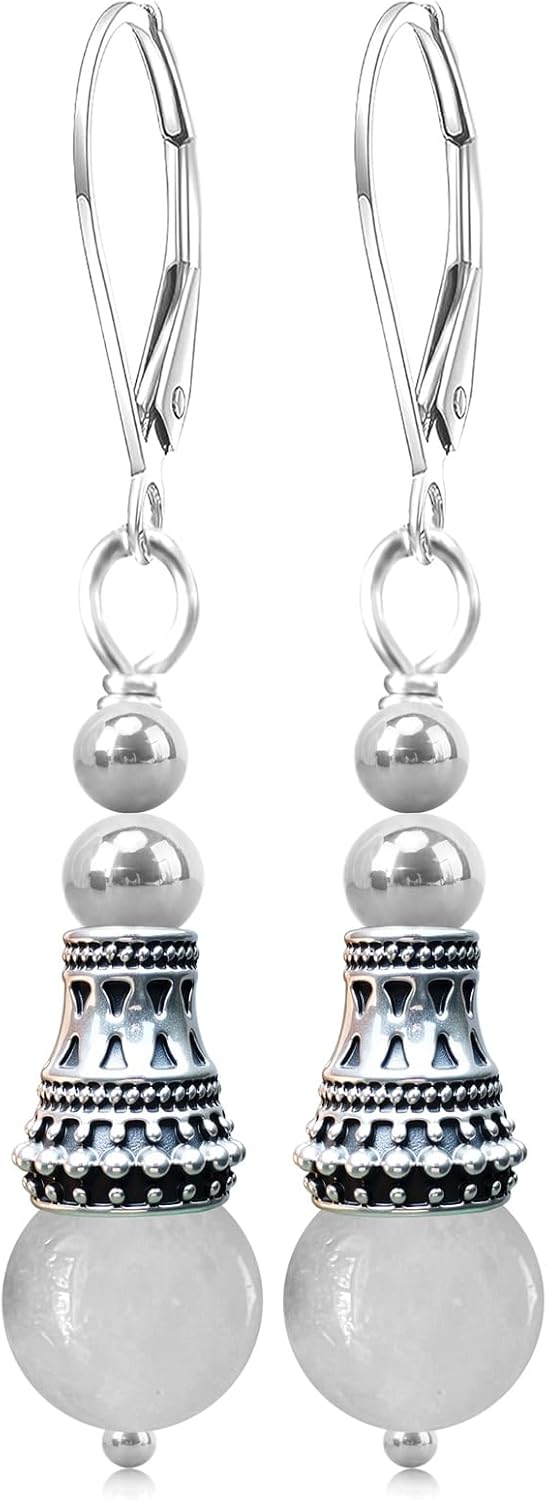 Natural Round Stone Bead Drop Earrings,Silver Genuine Real Crystal Quartz Gemstone Dangle Dangling Earrings,Boho Bohemian Beading Jewelry for Women Her
