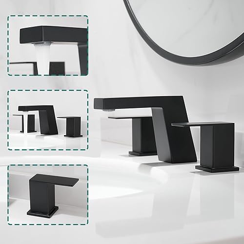 Miniatura 7 de Hoimpro Grifo de lavabo de baño negro mate de 8 pulgadas, grifo de baño de dos manijas con mangueras de suministro cUPC, grifo de lavabo de 3