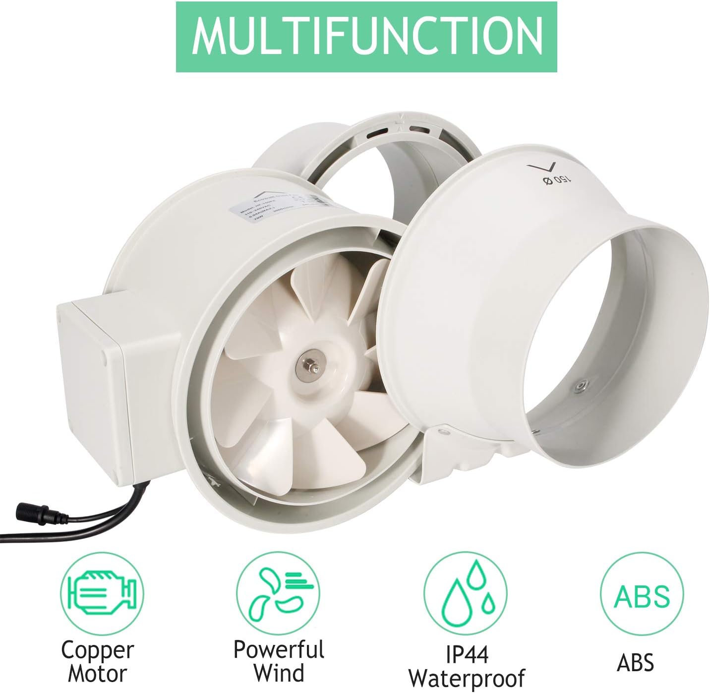 OOPPEN 6” Inline Duct Fan 647 m3/h Bathroom Extractor Fan with Variable Speed Controller for Kitchen/Hydroponic Grow Tent (ø150mm)…