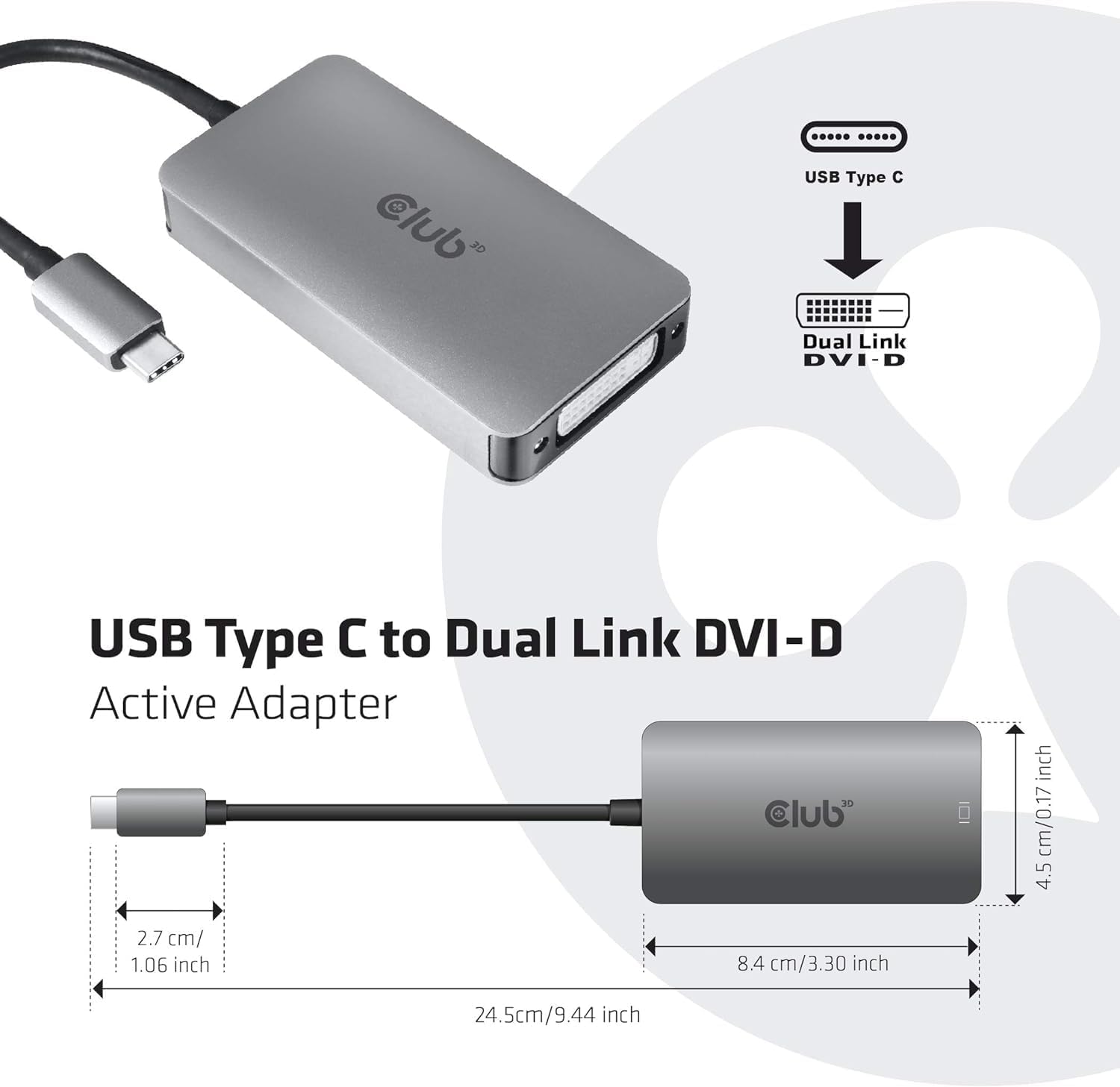 Club 3D CAC-1510 Câble Adaptateur USB Type C vers DVI-D Dual Link 3840 x 2160 @ 30 Hz, 2560 x 1600 @ 60 Hz HDCP M/F