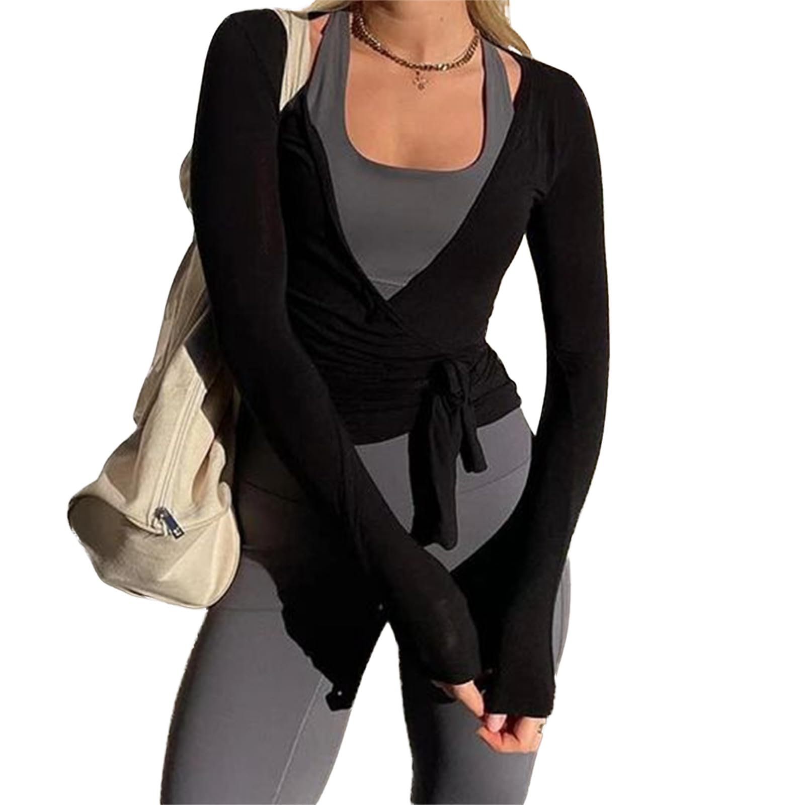 Haut Court Cache-cœur à Manches Longues Style années 2000 pour Femme, col V Profond, Coupe ajustée, Style féerique, idéal pour Le Yoga et l'entraînement.