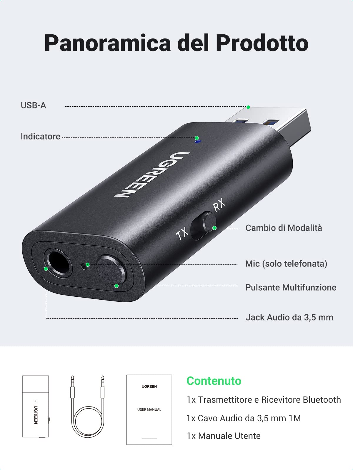 UGREEN Adattatore Jack 3,5mm Bluetooth 5.4 2-IN-1 Trasmettitore Ricevitore con Cavo Audio Aux