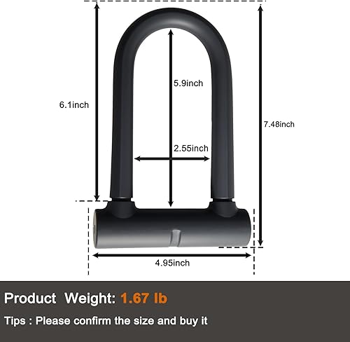 Miniatura 2 de Candado en U resistente antirrobo con cable de acero de seguridad de 4 pies, 3 llaves y soporte de montaje incluidos, cerraduras de bicicleta