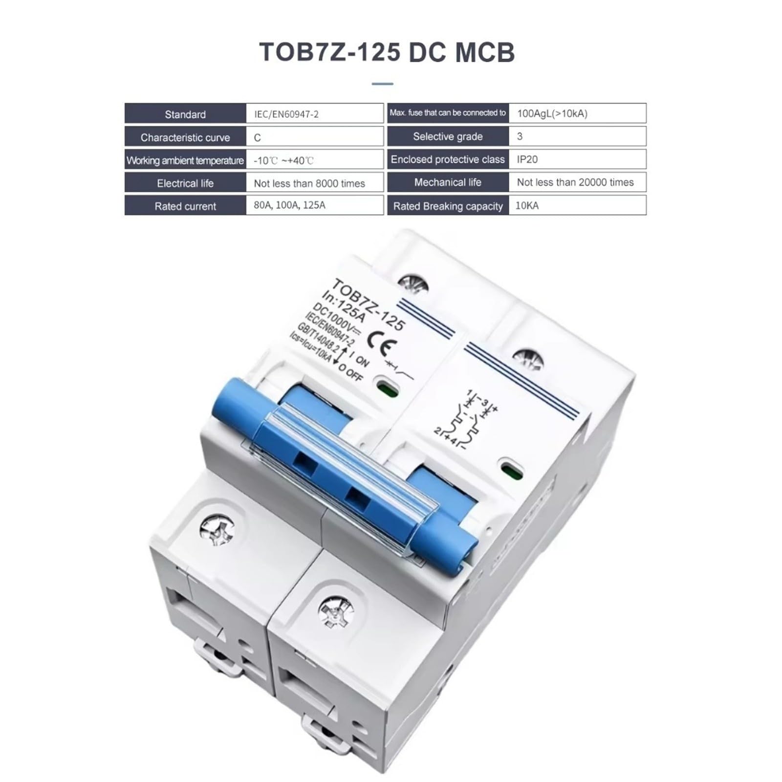 DC MCB Interruttore automatico curva C, 2P, 1000V 80/100/125A