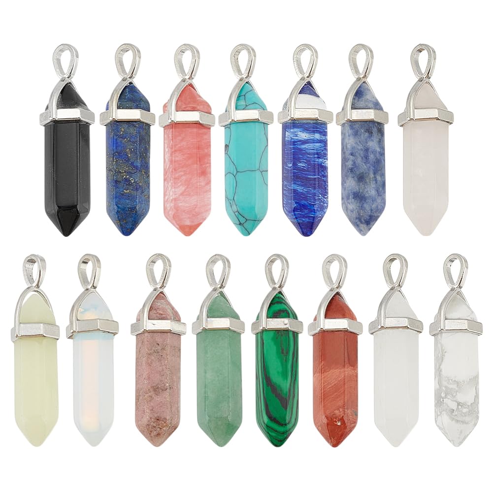 HOBBIESAY 15 Colors 30Pcs Natural Stone Charms Crystal Hexagonal Pendant Pointed Quartz Stone Gemstone Dangle Pendant for DIY Earring Necklace Jewelry Making