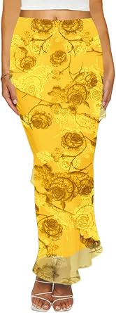 SEBOWEL Womens Mesh Ruffle Skirt Floral Print Bodycon Long Skirt Dress for Summer Vacation