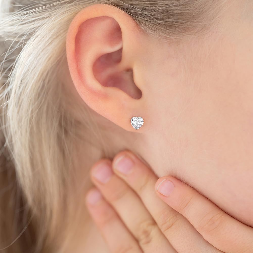 925 Sterling Silver Heart Shaped Cubic Zirconia Safety Screw Back Earrings For Girls - Small Heart Shaped CZ Young Girls Earrings - Toddlers Heart Shaped Earrings - Image 3