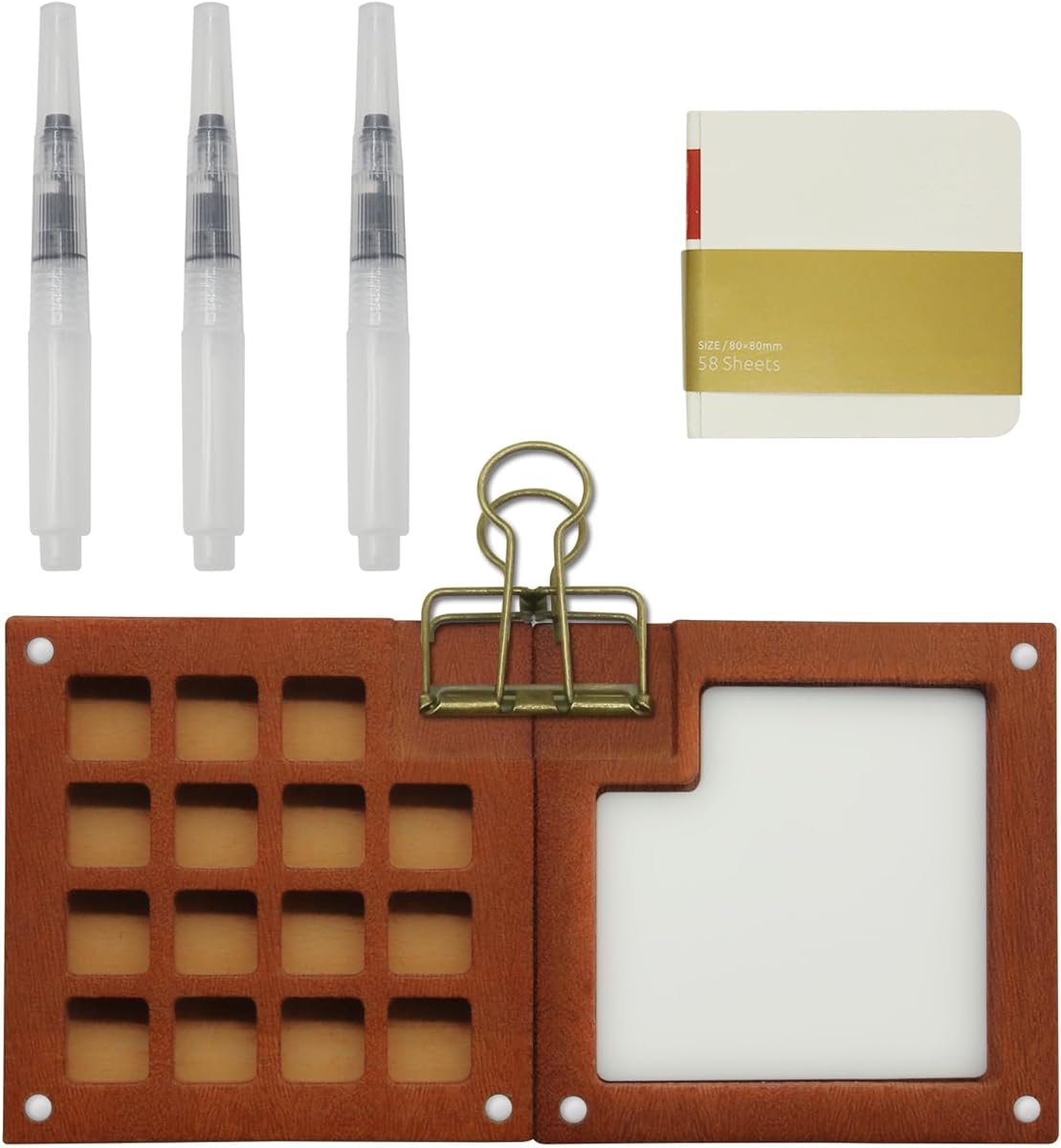 15 Grid Miniature Painting Kit, Portable Watercolor Kit Wood Travel Watercolor Nano Palette Painting Kit with Sketchbook, Palette Pocket Watercolor Travel Set for Travel Students Artists Painters