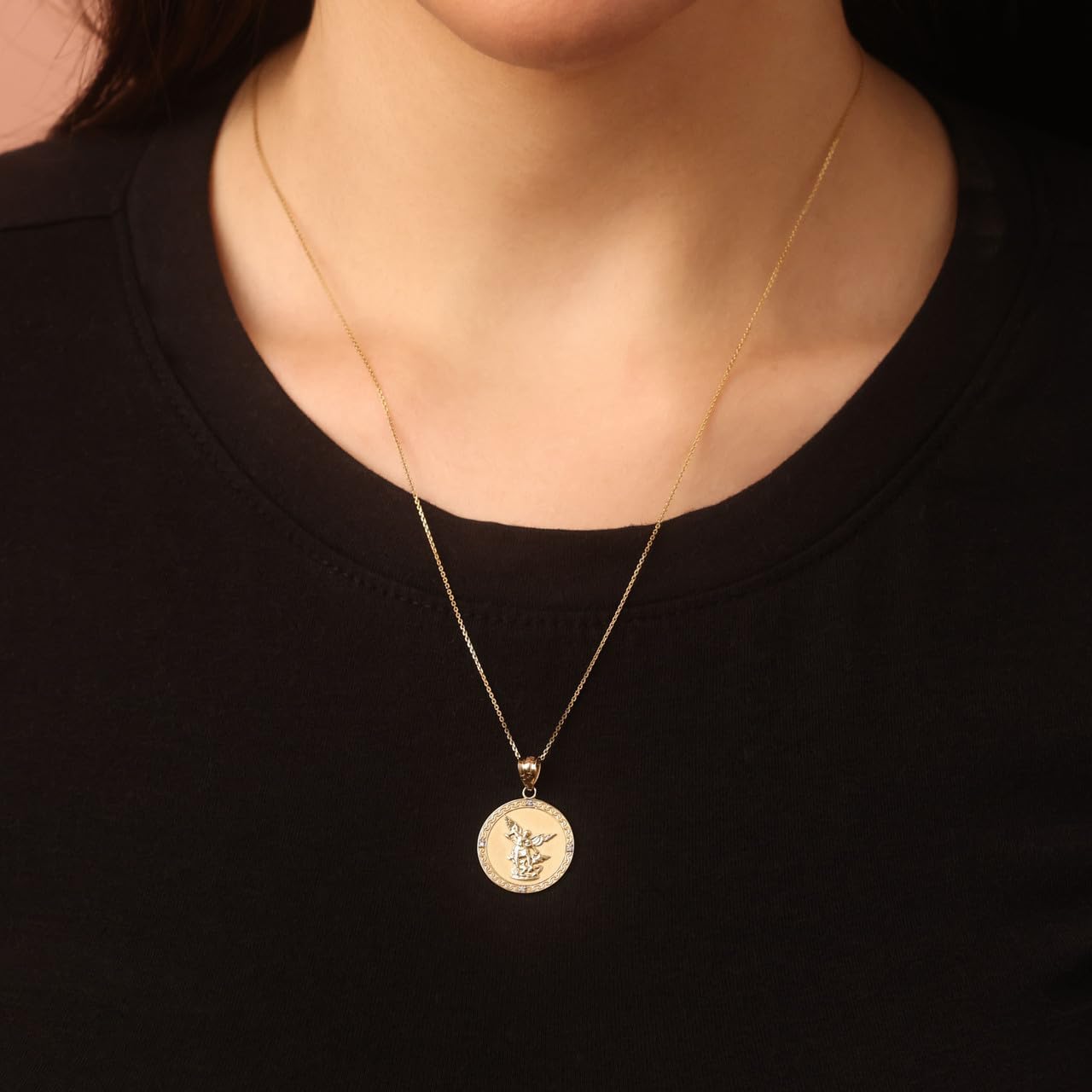 Gold 1" Saint Michael The Archangel Diamond Accented Medal Necklace (G-H Color, SI1-SI2 Clarity | 10K or 14K Yellow, Rose, White, or Two Tone Gold | Choice of Pendant Only or Chain Length
