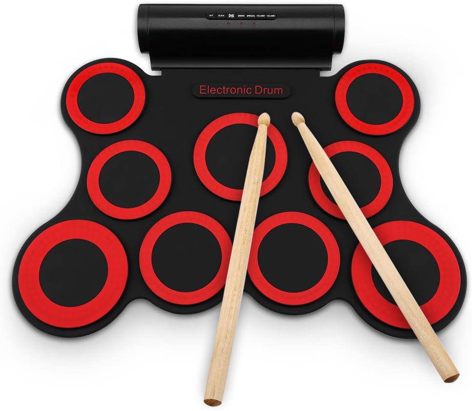 NEWBEN Digital Electric Drum Kit - 9 Pads Portable Electronic Roll up Drum Foldable Practice Instrument Built-in Speakers&Foot Pedals&Drum Sticks for Kids,Beginner, Adult