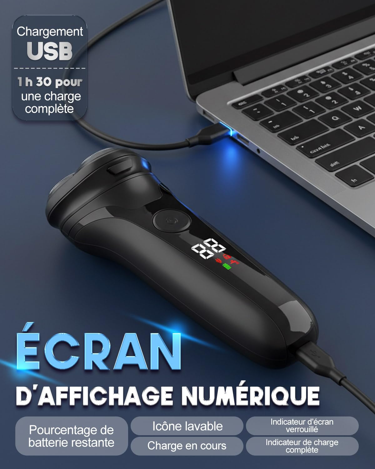 Rasoir Électrique Homme avec Écran LCD, Rasoir Électrique Sans Fil Rechargeable, IPX5 Étanche pour Rasage Sec et Humide, 3 Têtes Rotatives Double Piste, Tondeuse Pop-Up Intégrée, Peau Sensible(Noir)