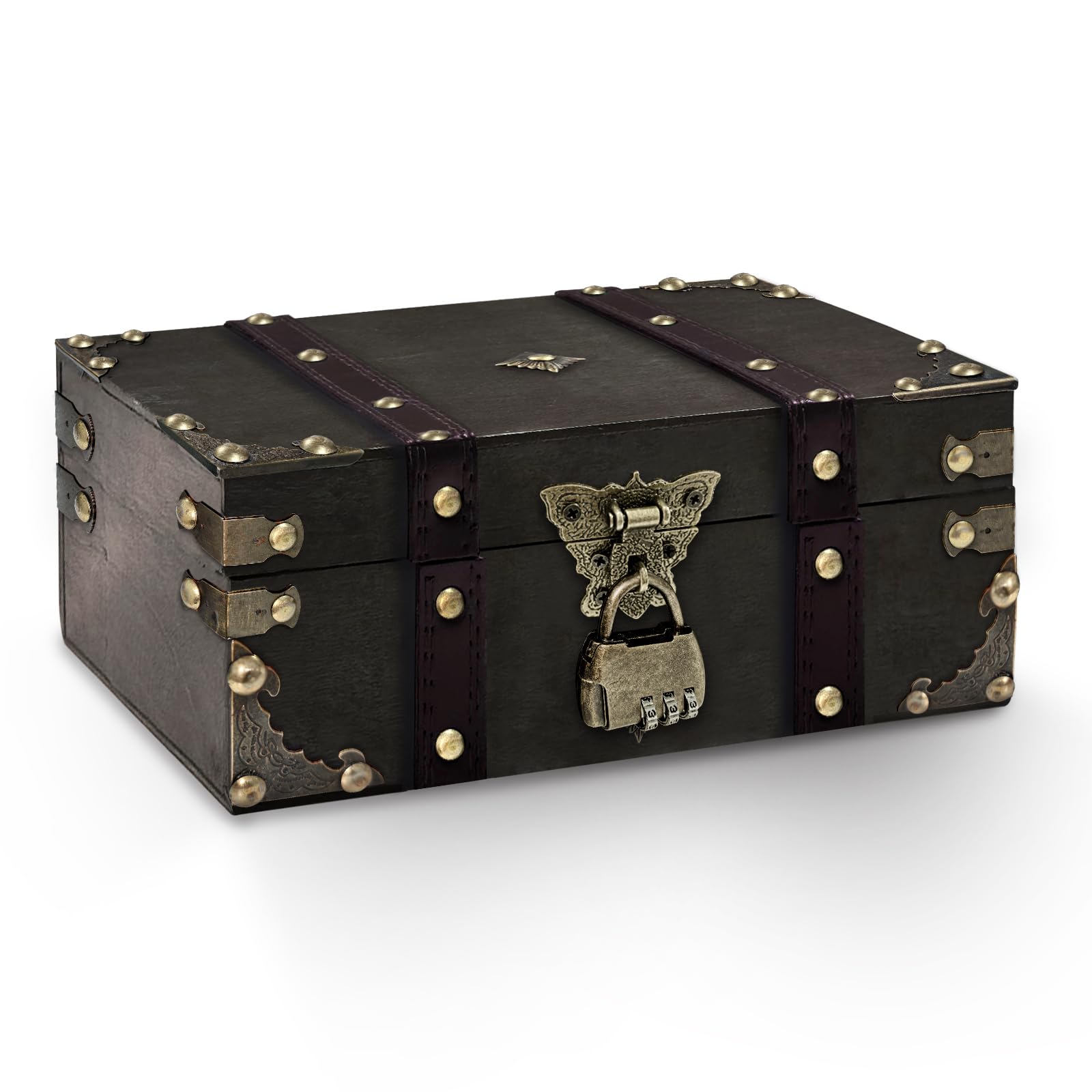 Schatztruhe Holz,Vintage Schatzkiste mit Schloss,24 x 17 x 9.5cm Piratenschatztruhe,Schatztruhe Kindergeburtstag,Schatzkiste für Hochzeit Aufbewahrung Dekoration (Farbe 1)