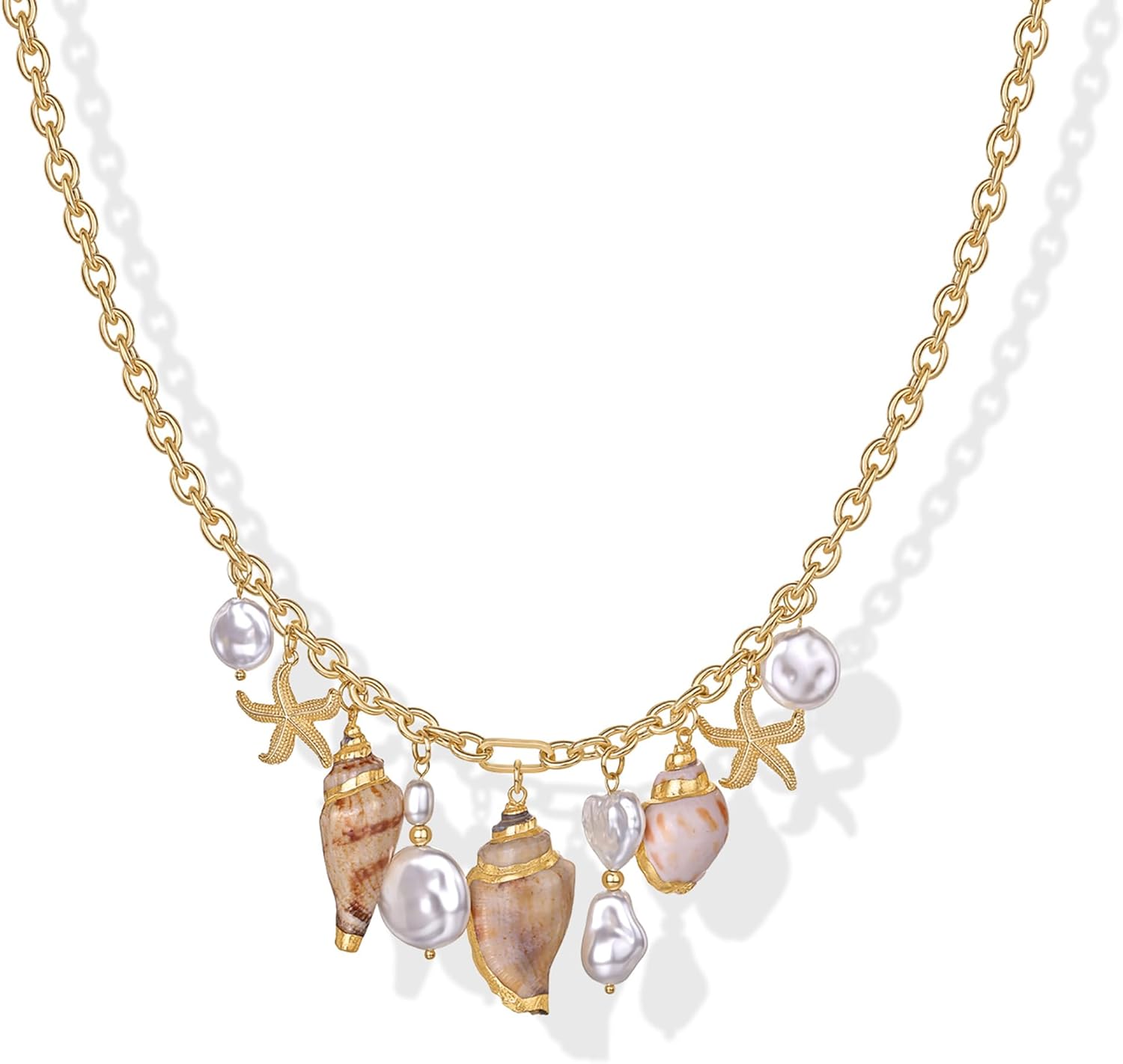 PAVOI 14K Gold Plated Coastal Chunky Charm Necklace for Women - Waterproof Stainless Steel Beach Multi Charm Necklace - Gold Statement Beachy Summer Jewelry with Sea Shell, Starfish, Pearl
