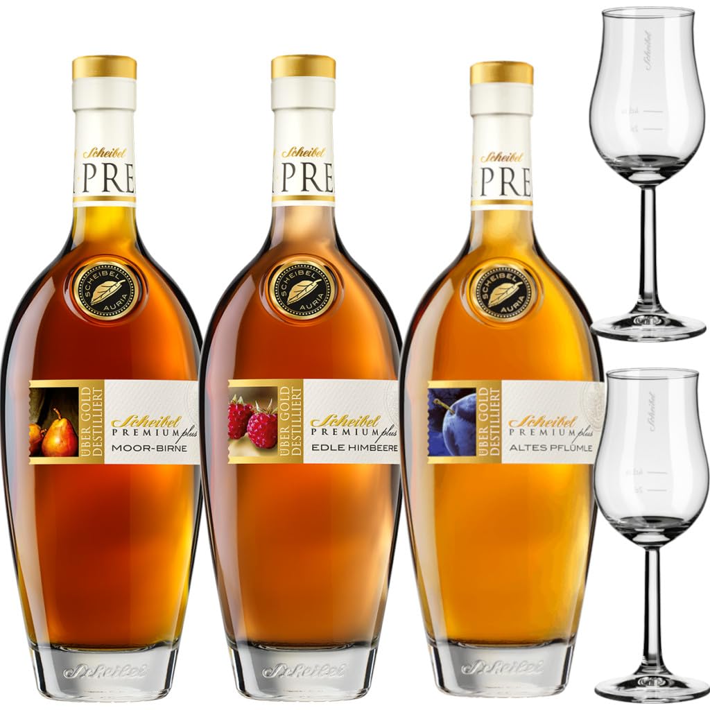 Scheibel PREMIUMplus Sparset 1: Moorbirne, Altes Pflümli & Edle Himbeere (3 x 0,7l) inkl. 2 Original Aroma-Gläser – Exklusives Edelbrand-Bundle von Edelbraende – 40-43% vol.