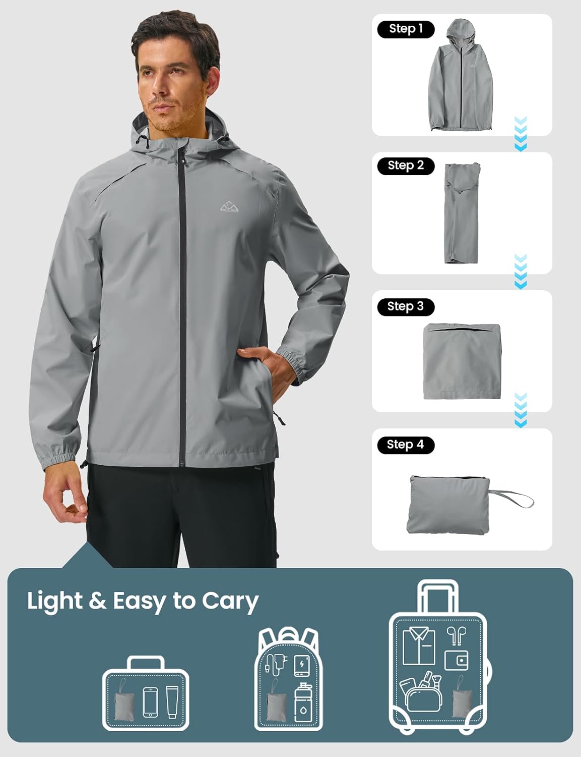 TBMPOY Mens Rain Jacket Waterproof Lightweight Packable Outdoor Hiking Raincoat Windbreaker with Hood Running Golf