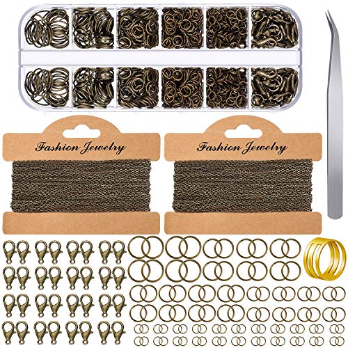 Jewelry Making Chains 49.2 Feet Stainless Steel Link Chains 1000 Pieces Jump Rings 40 Pieces Lobster Clasps with Curved Tweezers and Brass Jump Ring Opener for Women Men DIY Jewelry (Bronze)