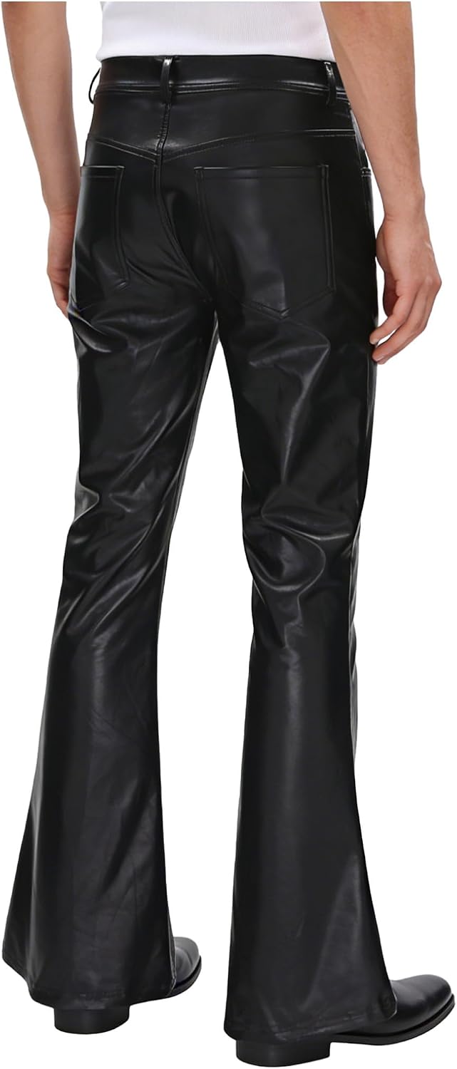 Hularka Mens Western Cowboy Faux Leather Bell Bottoms Cow Spot Print Patchwork Flared Pants