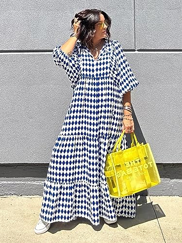Image of miduo Womens Loose Fit Casual Summer V Neck Half Sleeve Bohemian Geometric Pattern Maxi Long Dresses