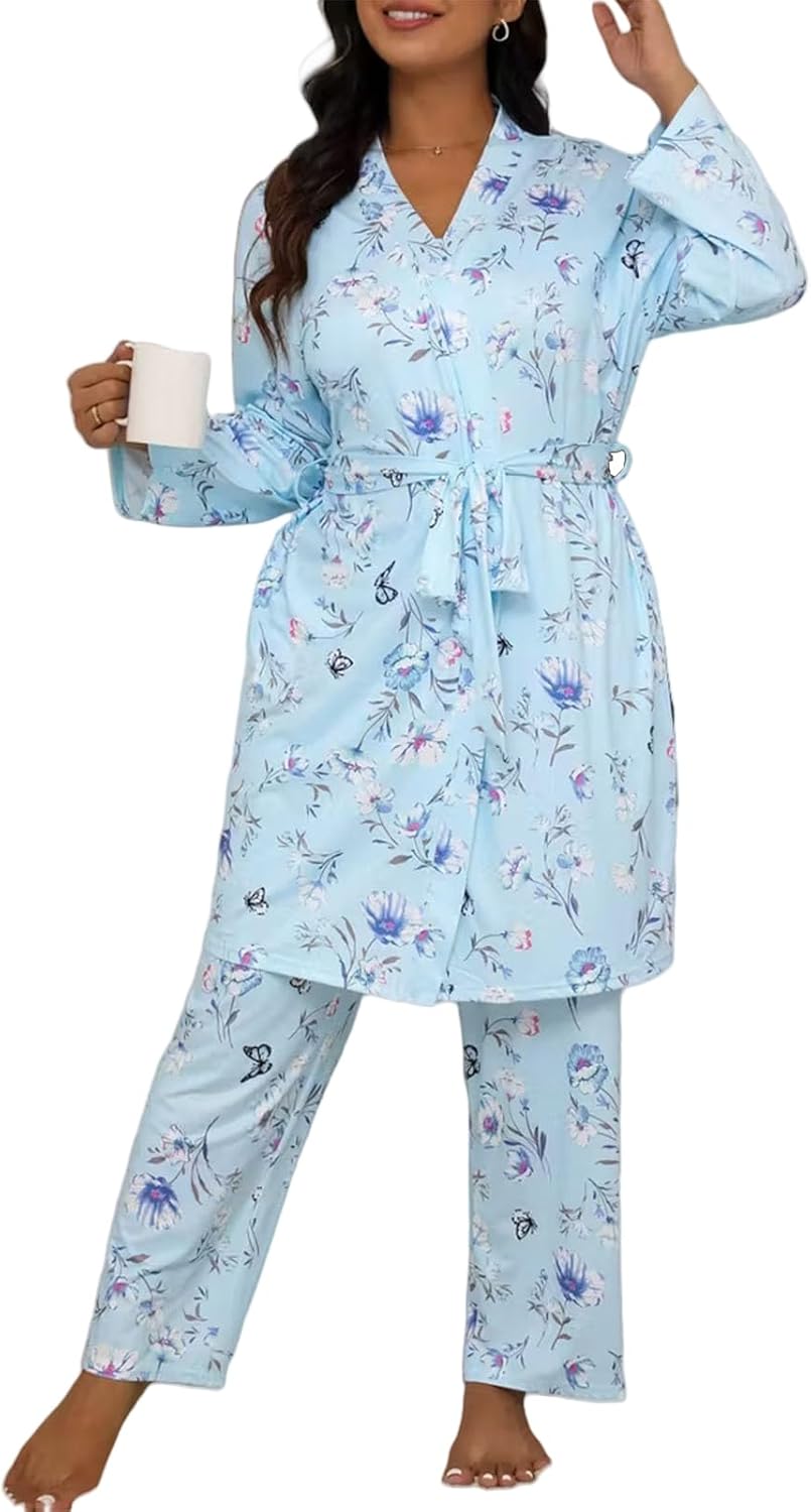 3-Piece Pajama Sets for Women 2025 Floral and Butterfly Print Pajama Set Nightwear Long Pants & Belted Robe - Image 3