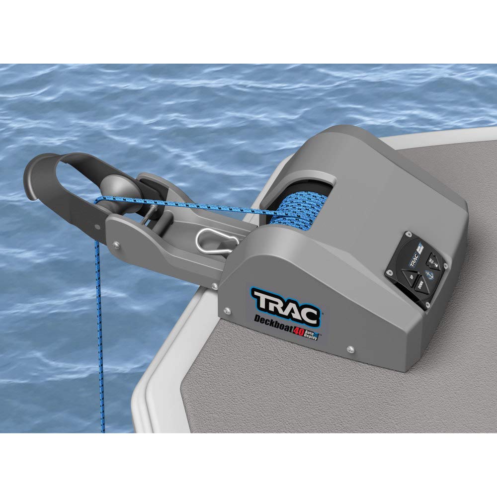 Trac Outdoors Deckboat 40 AutoDeploy-G3 Electric Anchor Winch - Anchors Up to 40 lb. - Includes 100-feet of Pre-Wound Anchor Rope with Use (69005), Gray