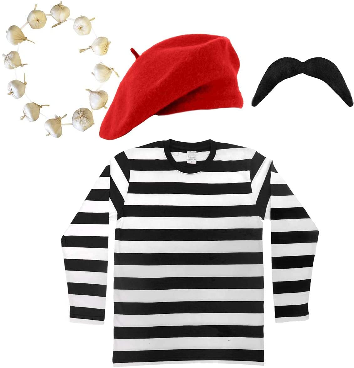 French Man Fancy Dress Costume Black & White Striped Top + Red Beret + Black Moustache + Onion/garlic Garland Frenchman Outfit Set (Xx-large)