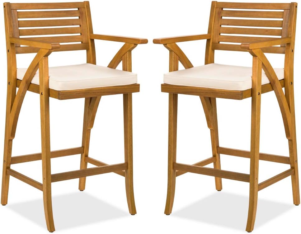 Best Choice Products 2-Pack Acacia Wood Outdoor Bar Stools with Weather-Resistant Cream Cushions - Patio Poolside Chairs