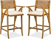 Best Choice Products 2-Pack Acacia Wood Outdoor Bar Stools with Weather-Resistant Cream Cushions - Patio Poolside Chairs