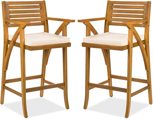 Best Choice Products Juego de 2 taburetes de bar de madera de acacia para exteriores, sillas de bar para patio, piscina, jardín con cojines