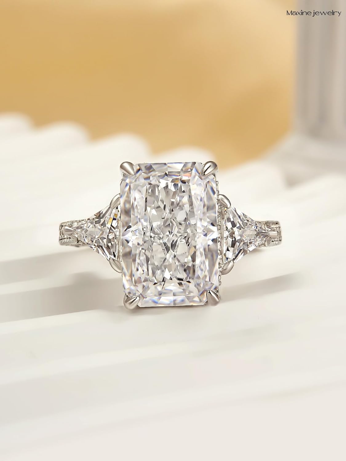 Maxinejewelry 4.5CT Radiant Cut Engagement Ring for Women, Three Stone 5A Cubic Zirconia Promise Ring in 925 Sterling Silver, Hidden Halo Anniversary Wedding Jewelry