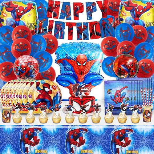 Spiderma decoração de aniversário, 109 peças aniversário Spiderma, louça de aniversário infantil Spiderma, balões de aniversário, pratos, canecas, toalha de mesa, guardanapos, banner