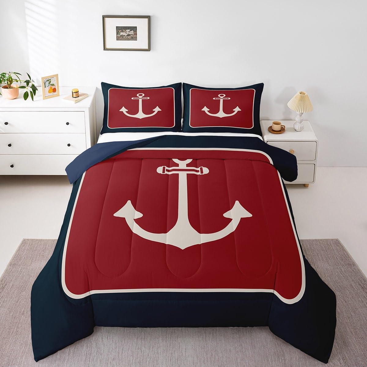 Feelyou Anchor Decor Comforter Set Queen Size Nautical Themed Bedding Set for Boys Girls Teens Ocean Comforter Sea Adventure Duvet Set Dull Red Quilt Set