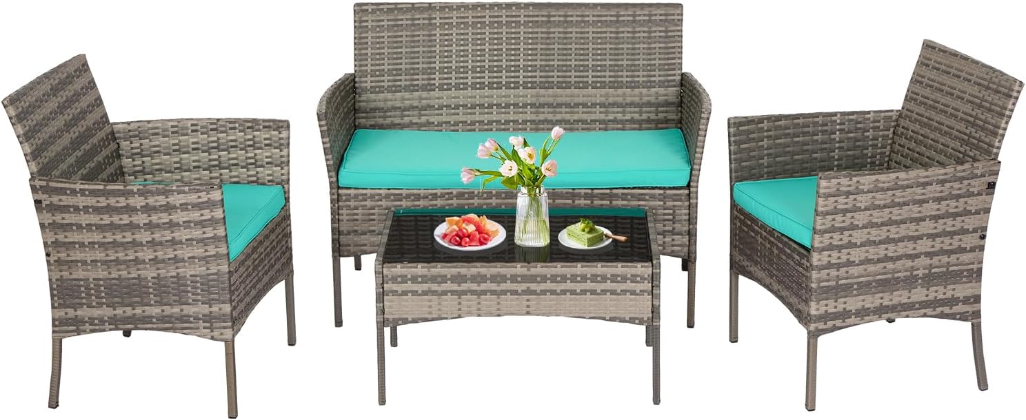 FDW | 4-Piece Patio Furniture Set | Gray & Blue | Outdoor Wicker Furniture with Coffee Table | Modern Rattan Chairs Conversation Set | Outdoor Seating | Weather-Resistant | for Porch, Garden, Lawn