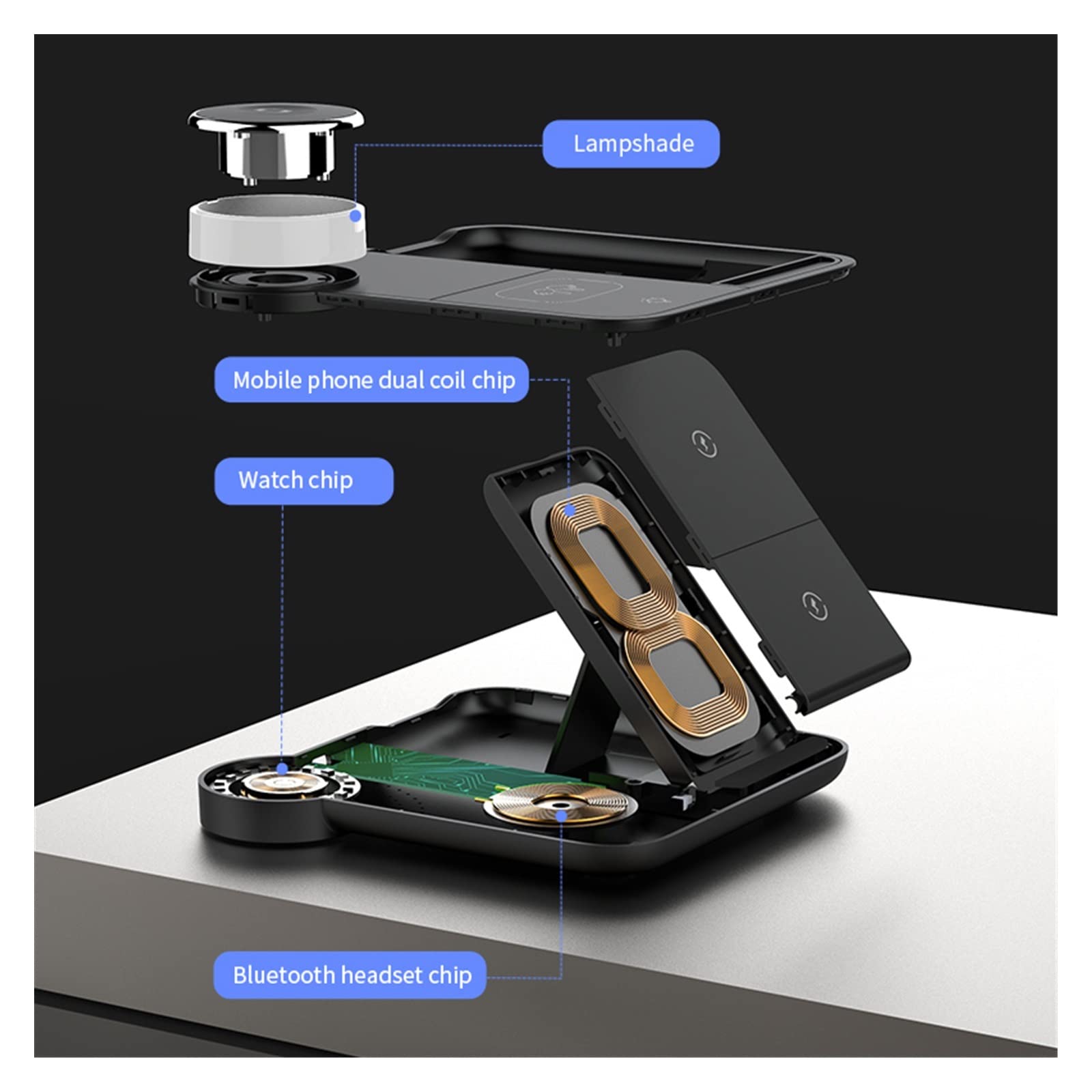 Stazione di ricarica wireless 4 in 1 con luce a LED Qi for telefono, orologio, auricolare, rapida magnetica,Compatibilità universale(Noir)