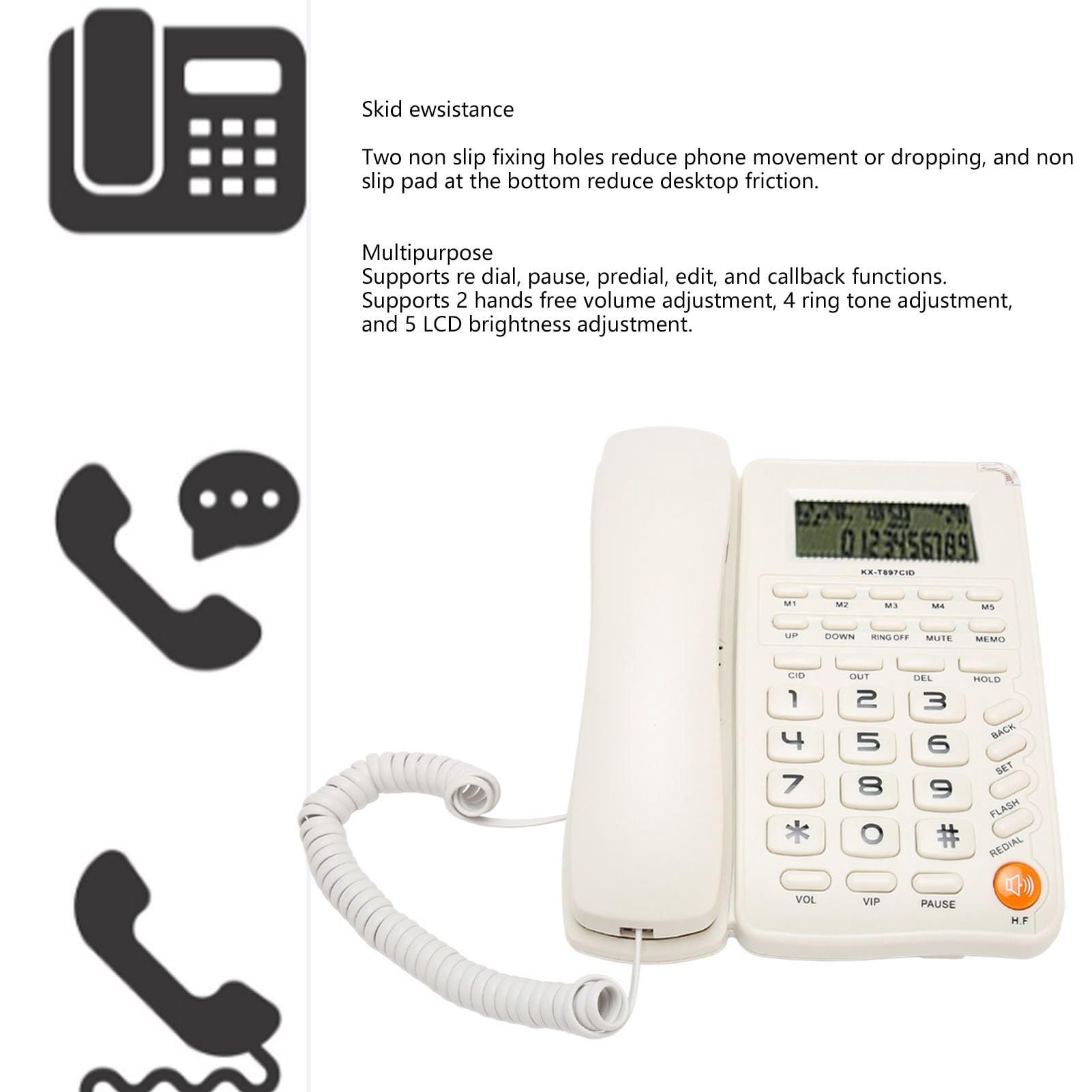 Telefono con cavo, telefono con vivavoce, ID chiamante, avviso di chiamata, telefono fisso con pulsanti grandi, per casa, ufficio, hotel, anziani (bianco)