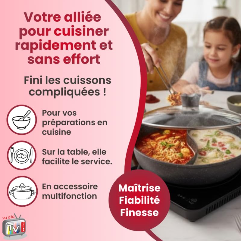 VENTEO KitchenPro Cocotte Double Compartiments 28cm 4L | Cocotte Fonte | Casserole Induction | Cuisson Séparée | Revêtement Antiadhésif | Couvercle Verre Régulation Vapeur | Utilisation Tous Feux Four