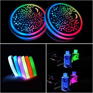 2 Pcs LED Car Cup Holder Lights,USB Charging Car Coasters,7 Colors Luminescent Light Cup Pad,Luminescent Cup Pad Interior Atmosphere Lamp Decoration Light Starry Sky
