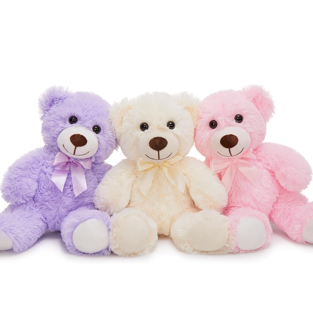 MorisMos 3Pcs Teddy Bears Bulk Baby Shower, 14inch Cute Teddy Bear Stuffed Animals Plush, Small Stuffed Bears on Centerpiece Baby Shower, Pink, Purple, White
