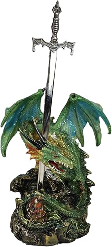 Miniatura 5 de Ebros Gift Legendario brillante verde metálico blindado centinela caballero dragón sosteniendo Tiki Murciélago espada abrecartas figura figura