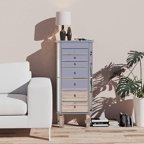 Miniatura 6 de Colilove Armario de joyería con espejo plateado con 7 cajones, 16 ganchos para collares, 2 puertas laterales oscilantes