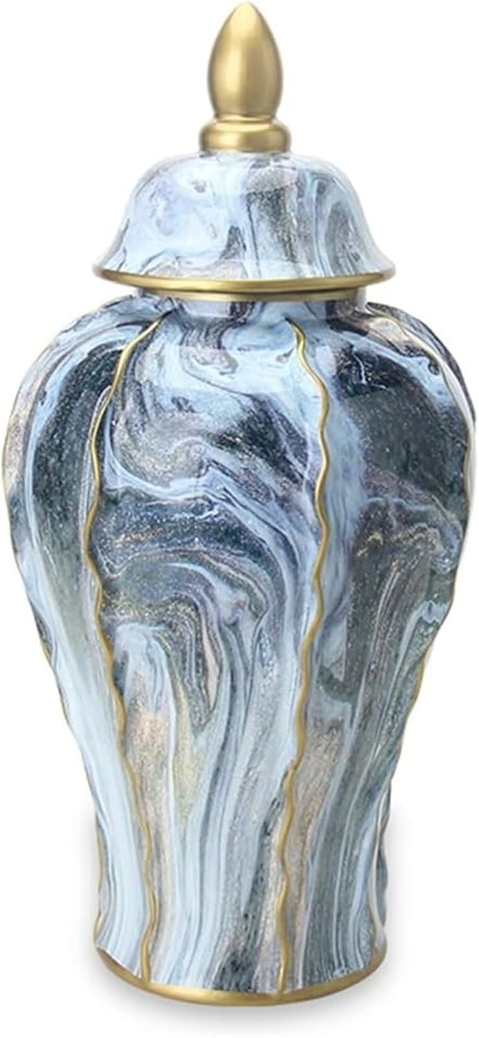 Large Ginger Jar,Handmade Ceramic Vase with Lid,Blue Gray Streamer Ginger Jar, Chinese Decorative Centerpiece Decorative Jar,for Home Office Table Living Room Bedroom Decoration(23 * 47cm)
