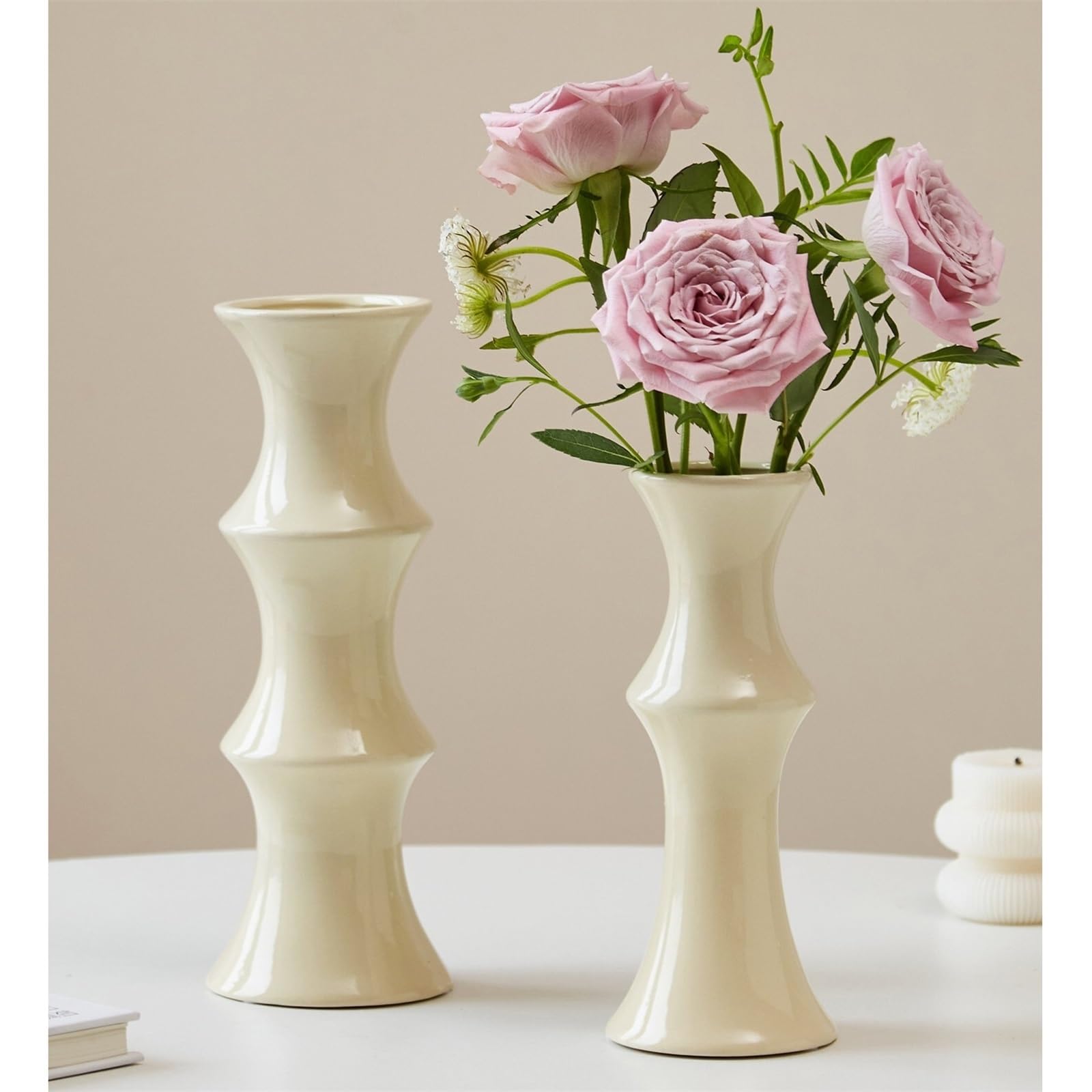 Vase en céramique Florale rétro for Les décors rustiques et contemporains Décoration d'intérieur(Beige,Petit)