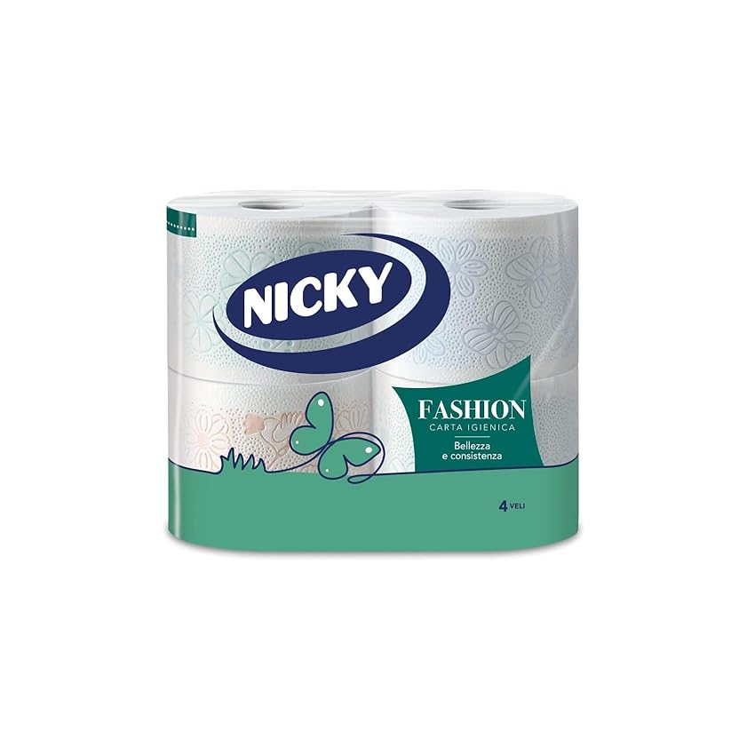 Nicky Fashion - 4 Rotoli di Carta Igienica, 165 Soffici Fogli a 4 Veli, 3 Diverse Texture e Colori, Delicato Profumo di Talco, Carta 100% Certificata FSC®