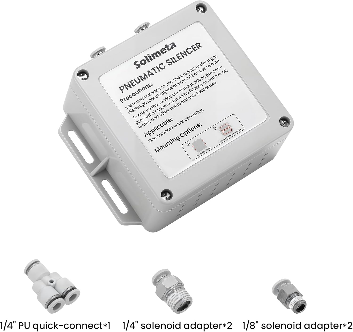 Solimeta patented pneumatic muffler, 1/4" inlet Pneumatic Exhaust Silencer – Double Solenoid Valve Compatible, 10-30dB Noise Reduction Muffler for Air Compressors & Pneumatic Equipment
