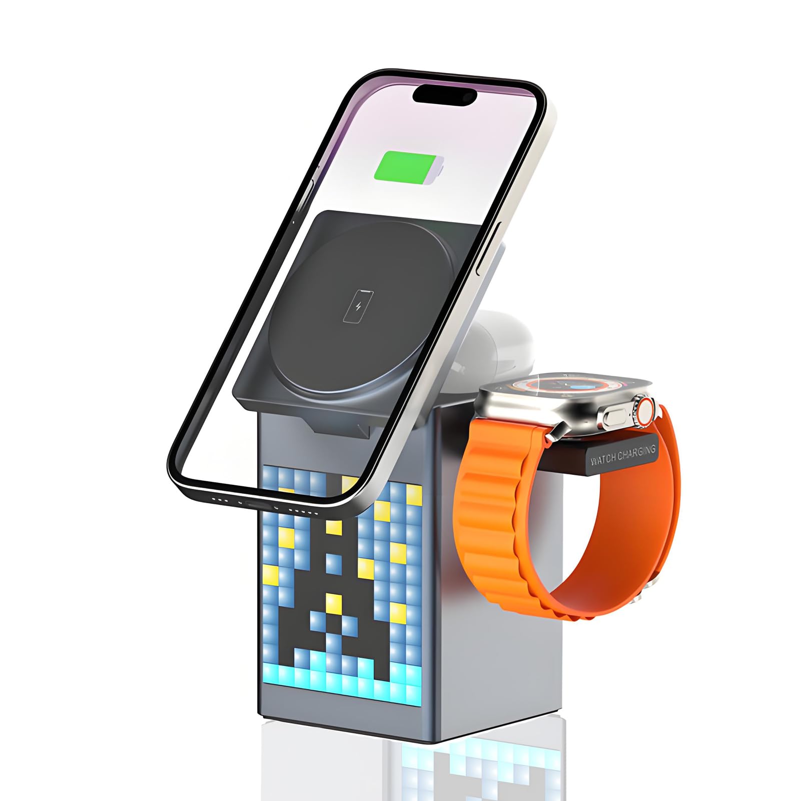 Chargeur à Induction 3 en 1 sans Fil, Station de Charge sans Fil Rapide avec Enceinte Bluetooth, Réveil, écran Pixel, Chargeur Induction Portable pour téléphone iWatch