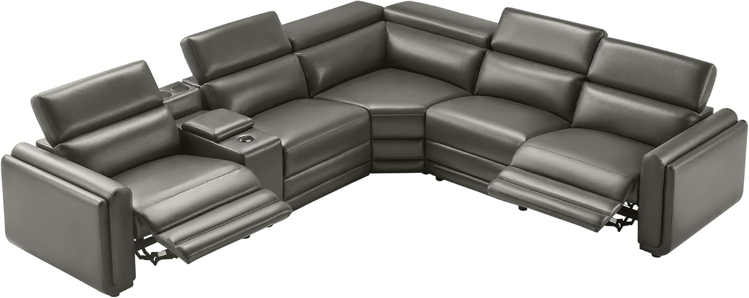 AMERLIFE Power Recliner Sofa, 129 Inch Oversized Reclining Sofa with Console & Speaker, 5 Seats L Shaped Sectional Couch for Living Room, Dark Grey Leather