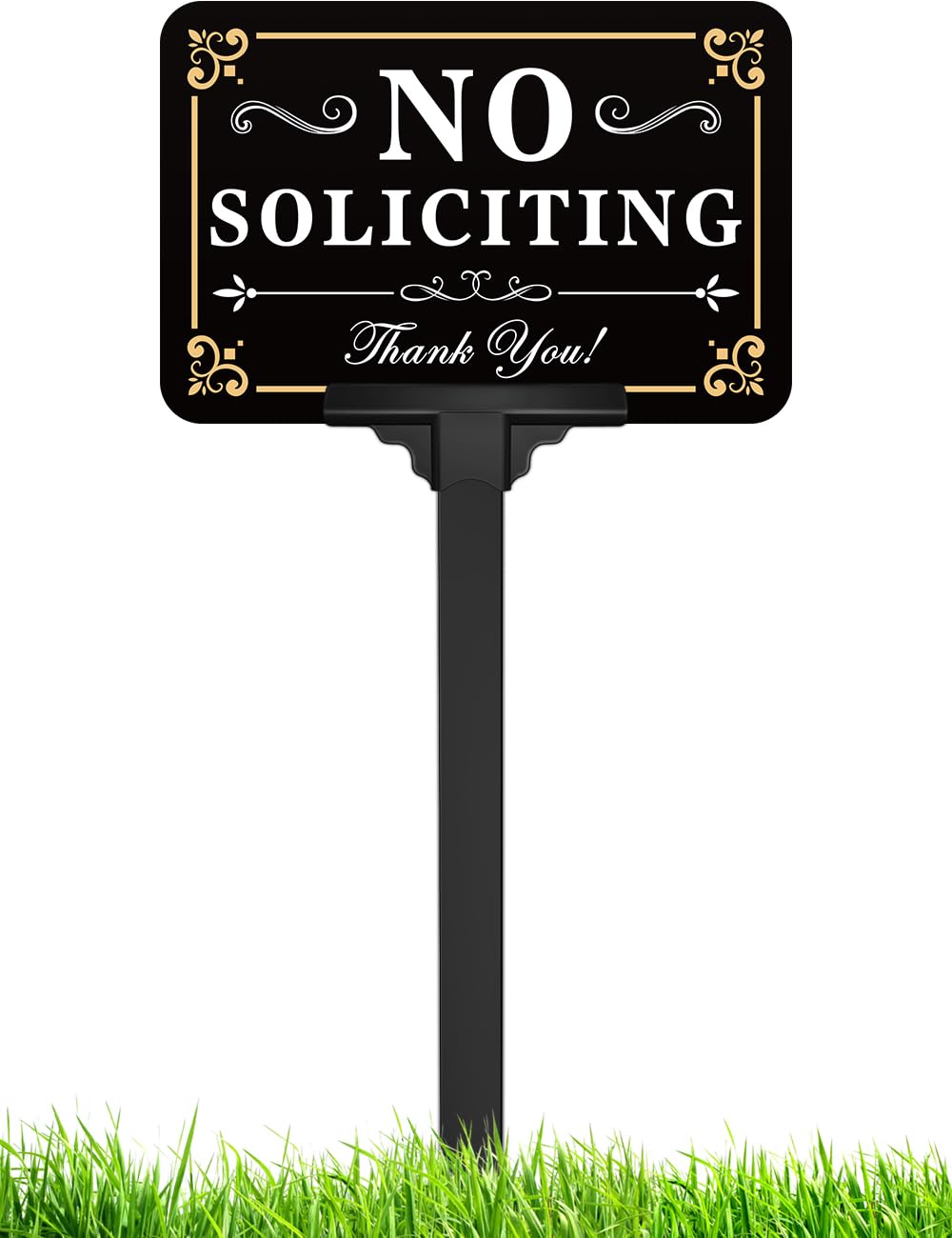 No Soliciting Sign for House with Stake - Adjustable Height - 12 x 8 Inch/37 Inch High - 50-mil Thick Aluminum -Metal No Soliciting Yard Sign for Home/Front Door and Business (Rectangle-Gold-02)-image-6