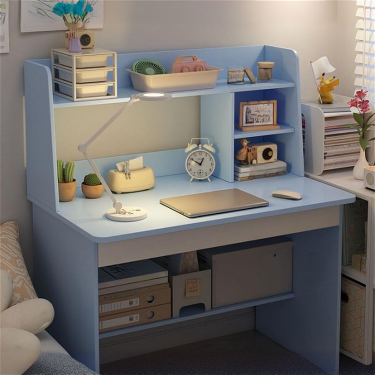 ライティングデスク ハッチ付き 外部棚 多機能宿題用 寮用本棚 小学生・中学生用 学習机 ブルー キャビネット別売 長さ31インチ